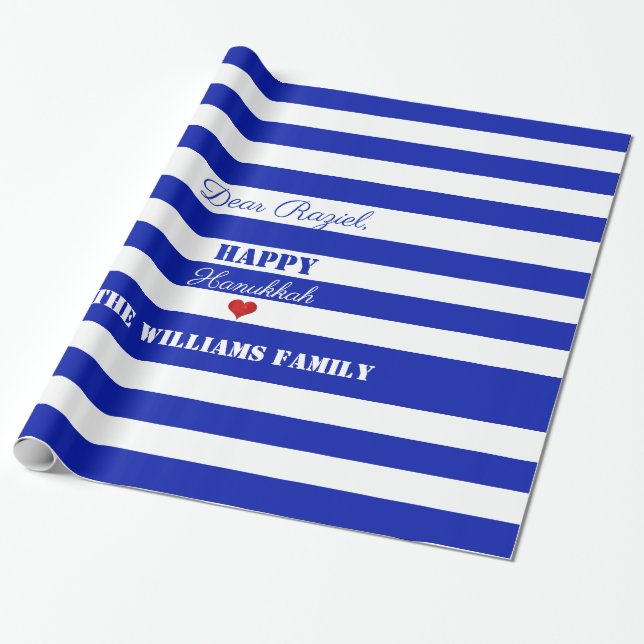Happy Hanukkah Blue White Striped Pattern Heart Wrapping Paper (Unrolled)