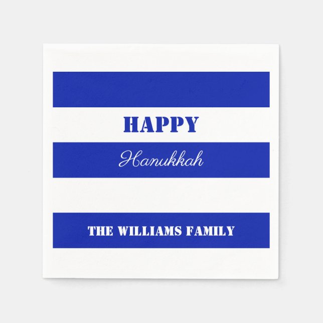 Happy Hanukkah Blue White Striped Pattern Napkin (Front)