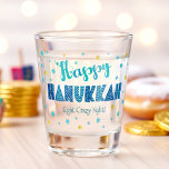 Happy Hanukkah Bold Funny Typography Star of David Shot Glass<br><div class="desc">“Happy Hanukkah.” Fun, whimsical turquoise, navy and teal blue handcrafted typography, a random light blue and faux gold foil Star of David pattern, and a funny saying help you usher in Hanukkah. Feel the warmth of the holiday season whenever you relax with your favourite spirits with this stylish and modern...</div>