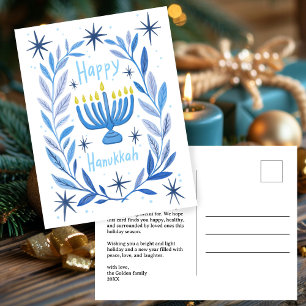 Happy Hanukkah Botanical Menorah Watercolor CUSTOM Holiday Postcard