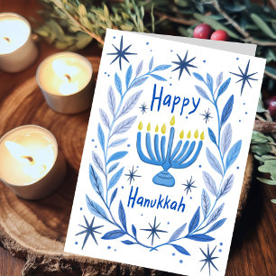 Happy Hanukkah Botanical Menorah Watercolor Holiday Card