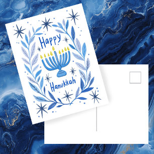 Happy Hanukkah Botanical Menorah Watercolor Holiday Postcard