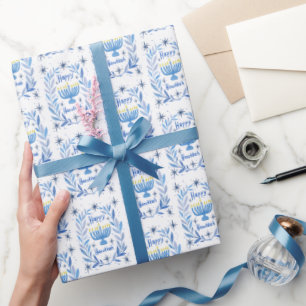 Happy Hanukkah Botanical Menorah Watercolor Wrapping Paper