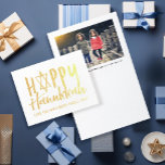 Happy Hanukkah Brushed Lettering Photo Gold Foil Card<br><div class="desc">Brushed style font Happy Hanukkah with Jewish Star and simple photo with caption inside.</div>