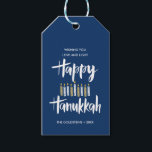 Happy Hanukkah Candles Blue custom  holidays Gift Tags<br><div class="desc">Cute and fun Happy Hanukkah in hand lettered style brush typography and candles in shades of blues and yellows. Gift Tags are perfect for this holiday season gift giving needs. These tags are perfect for bottles of wine, cookies, or any other homemade holiday treats. Cards reverse to a pattern of...</div>