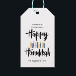 Happy Hanukkah Candles custom  holidays Gift Tags<br><div class="desc">Cute and fun Happy Hanukkah in hand lettered style brush typography and candles in shades of blues and yellows. Gift Tags are perfect for this holiday season gift giving needs. These tags are perfect for bottles of wine, cookies, or any other homemade holiday treats. Cards reverse to a pattern of...</div>