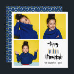 Happy Hanukkah Candles | Holidays 3 photos Invitation<br><div class="desc">Festive Hanukkah Holiday photo greeting card featuring three of your personal photo and "happy hanukkah" in hand lettered style brush typography and candles in shades of blues and yellows. Personalize the custom text with your name and year. Cards reverse to a pattern of white and yellow stars on a coordinated...</div>
