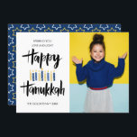 Happy Hanukkah Candles | Holidays vertical photo Invitation<br><div class="desc">Festive Hanukkah Holiday  photo greeting card featuring your best portrait photo and "happy hanukkah" in hand lettered style brush typography and candles in shades of blues and yellows.
Personalize the custom text with your name and year.
Cards reverse to a pattern of stars of a coordinated blue background.</div>