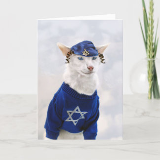 Happy Hanukkah Cat with Payot and Yarmulke Holiday Card