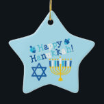 Happy Hanukkah Ceramic Ornament<br><div class="desc">Happy Hanukkah text with a menorah,  Star of David and two dreidels. Shades of blue,  white and yellow.</div>