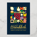 Happy Hanukkah / Chanukah Jewish Greeting Foil  Foil Holiday Card<br><div class="desc">Happy Hanukkah / Chanukah Modern Geometric Holiday Greetings in Real Gold Foil on Dark Navy. Menorah, Dreidel, Doughnuts, Stars & Olive oil... They are all here. Jewish Hanukkah Symbols Space to add your personalized text on the front & reverse. Hebrew on the reverse says, "Chanukah Sameach" — Happy Hanukkah. This...</div>