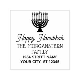Happy Hanukkah Chanukah Lit Menorah Name Address Self-inking Stamp