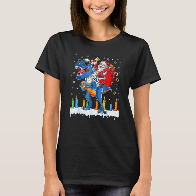 Happy Hanukkah Christmas Rex Dinosaur Santa Jewish T-Shirt (Front)
