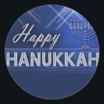Happy Hanukkah Classic Round Sticker<br><div class="desc">Blue and white stars with menorah and stars with Happy Hanukkah in silver lettering.  Perfect Haukkah design for your decorations and festivities.</div>