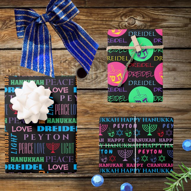 Happy Hanukkah Colourful Childs Name Typography Wrapping Paper Sheet (Creator Uploaded)