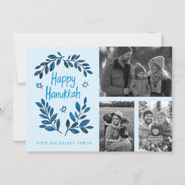 Happy Hanukkah CUSTOM 3 PHOTOS Grid Holiday  Card (Front)