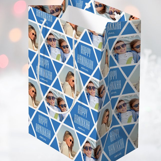 Happy Hanukkah Custom Name Photos Star Blue Medium Gift Bag (Creator Uploaded)