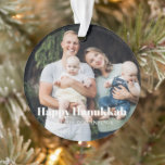 Happy Hanukkah custom photo text modern stripes Ornament<br><div class="desc">Happy Hanukkah modern personalized Hanukkah photo ornament.
Custom photo image or picture with fully customizable white text on front side and diagonal blue gold yellow and cream stripes pattern on the back.



Photo credit freepik</div>
