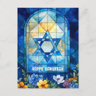 🕎 Happy Hanukkah, customizable stained glass wind Postcard