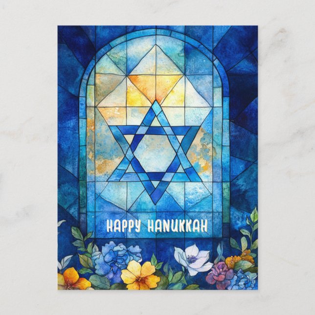 🕎 Happy Hanukkah, customizable stained glass wind Postcard (Front)