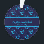 HAPPY HANUKKAH Customized Dreidel Blue Cyan Ornament<br><div class="desc">Stylish, elegant ornament for your HANUKKAH decor. Design shows a cyan dreidel print in a tiled pattern with customizable placeholder text which you can replace with your own choice of greeting and text. The colour scheme is midnight blue and cyan. Other versions are available. Matching items can be found in...</div>