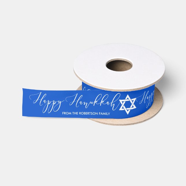 Happy Hanukkah | Customized Name Navy Blue Satin Ribbon (Spool)