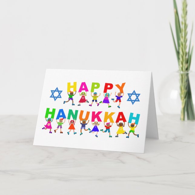 Happy Hanukkah Cute Cartoon Diverse Kids Text Card (Front)
