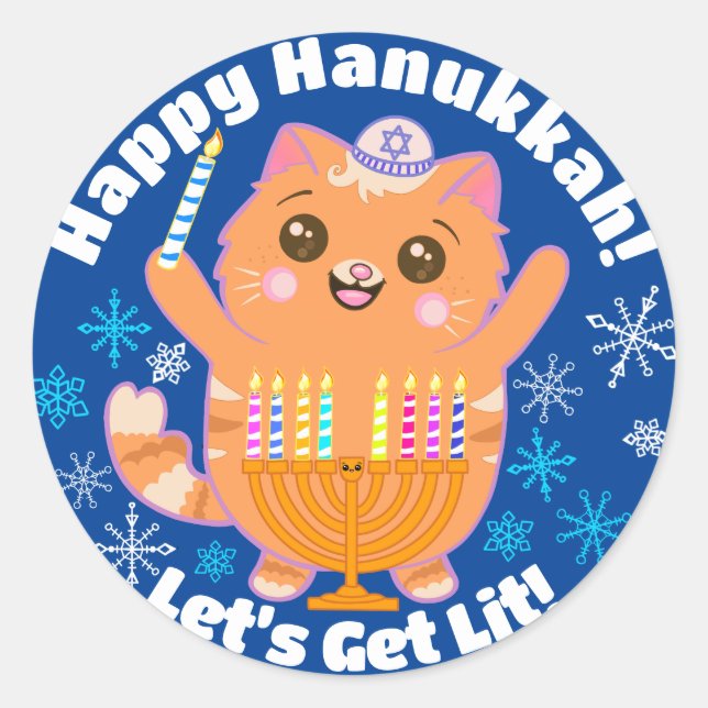 Happy Hanukkah Cute Cat Menorah Stickers  (Front)
