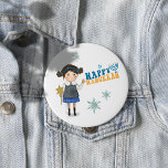 Happy Hanukkah Cute Jewish Girl 4 Inch Round Button<br><div class="desc">Have fun with this cute Button featuring a Jewish girl in blue-toned clothing with nice blue and yellow typography with the Star of David.
You can check our collection for similar designs on t-shirts and also various other designs that were made specifically for the Hanukkah holiday.</div>