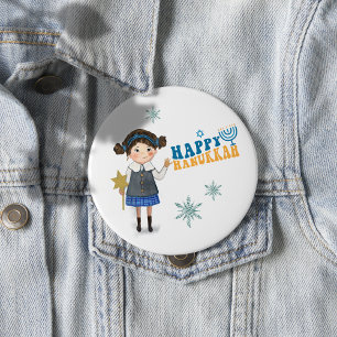 Happy Hanukkah Cute Jewish Girl 4 Inch Round Button