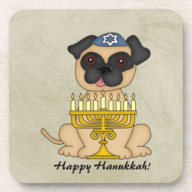 Happy Hanukkah-Cute Pug dog with Menorah Coaster (Front)