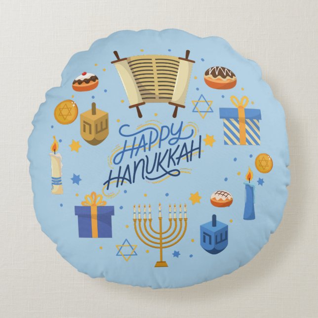 Happy Hanukkah Cute Round Pillow (Front)