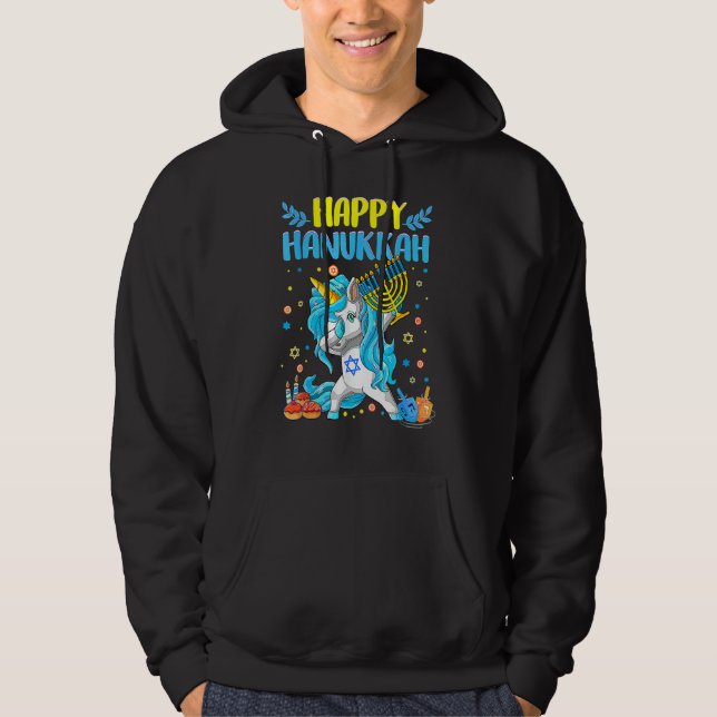 Happy Hanukkah Dabbing Jewish Unicorn Kids Chanuka Hoodie (Front)