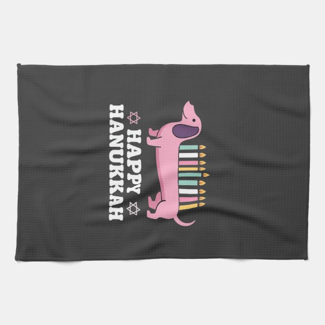 Happy Hanukkah Dachshund Dog Kitchen Towel (Horizontal)