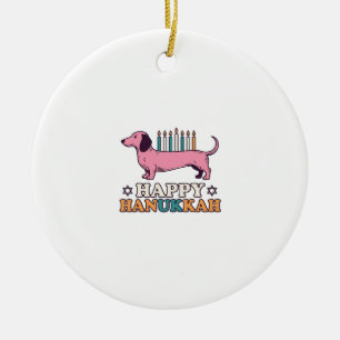 Happy Hanukkah Dachshund Menorah Dog Shirt Design_ Ceramic Ornament