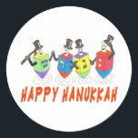 Happy Hanukkah Dancing Dreidels Classic Round Sticker<br><div class="desc">What a great Chanukah gift with these dancing dreidels wishing all a Happy Hanukkah.</div>