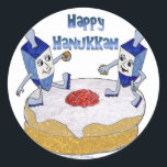 Happy Hanukkah Dancing Dreidels Jelly Doughnut Classic Round Sticker<br><div class="desc">You are viewing The Lee Hiller Design Collection. Apparel, Gifts & Collectibles Lee Hiller Photography or Digital Art Collection. You can view her Nature photography at http://HikeOurPlanet.com/ and follow her hiking blog within Hot Springs National Park.</div>