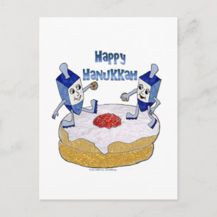 Happy Hanukkah Dancing Dreidels Jelly Doughnut Holiday Postcard