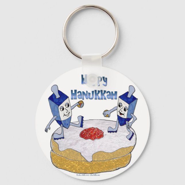 Happy Hanukkah Dancing Dreidels Jelly Doughnut Keychain (Front)