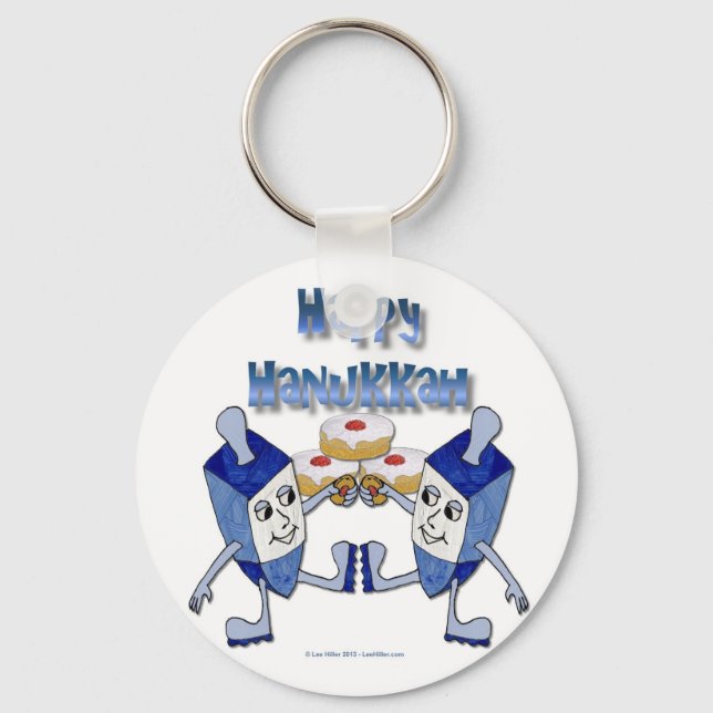 Happy Hanukkah Dancing Dreidels Jelly Doughnut Keychain (Front)
