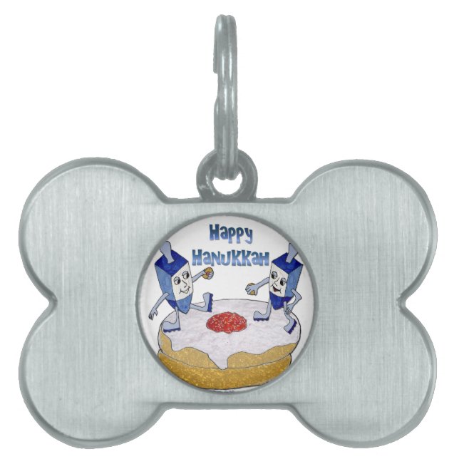 Happy Hanukkah Dancing Dreidels Jelly Doughnut Pet Tag (Front)