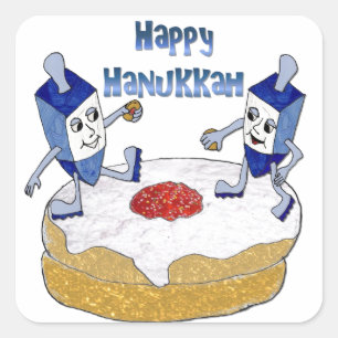 Happy Hanukkah Dancing Dreidels Jelly Doughnut Square Sticker