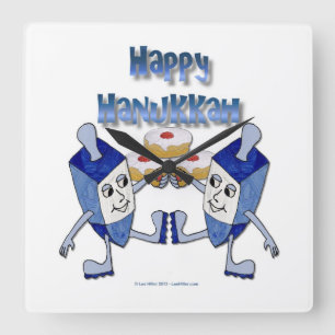 Happy Hanukkah Dancing Dreidels Jelly Doughnut Square Wall Clock