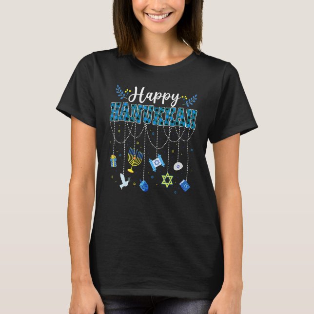 Happy Hanukkah Decorations Dreidel Menorah Chanuka T-Shirt (Front)