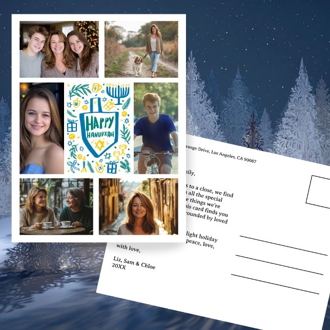 HAPPY HANUKKAH Doodle CUSTOM 6 PHOTO Holiday Postcard (HAPPY HANUKKAH Doodle CUSTOM 6 PHOTO Collage Family jewish Holiday Postcard
)