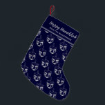 HAPPY HANUKKAH Dreidel Customized DARK BLUE Small Christmas Stocking<br><div class="desc">Dark blue HAPPY HANUKKAH stocking with silver grey DREIDEL pattern.. The placeholder text is customizable so you can add your name or change the greeting. Same design is on the reverse. Ideal way to present your small Hanukkah gifts. Also ideal for those who like to combine Hanuakkah and Christmas traditions...</div>
