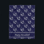 HAPPY HANUKKAH Dreidel NAVY GRAY Fleece Blanket<br><div class="desc">Stylish midnight navy blue CUBE POUF to celebrate HANUKKAH. Navy and silver grey colour theme with all over silver grey DREIDEL print. There is customizable placeholder text which says HAPPY HANUKKAH so you can personalize with your own greeting and/or name (of similar length). Matching home decor and other items are...</div>