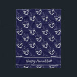 HAPPY HANUKKAH Dreidel NAVY GRAY Fleece Blanket<br><div class="desc">Stylish midnight navy blue CUBE POUF to celebrate HANUKKAH. Navy and silver grey colour theme with all over silver grey DREIDEL print. There is customizable placeholder text which says HAPPY HANUKKAH so you can personalize with your own greeting and/or name (of similar length). Matching home decor and other items are...</div>