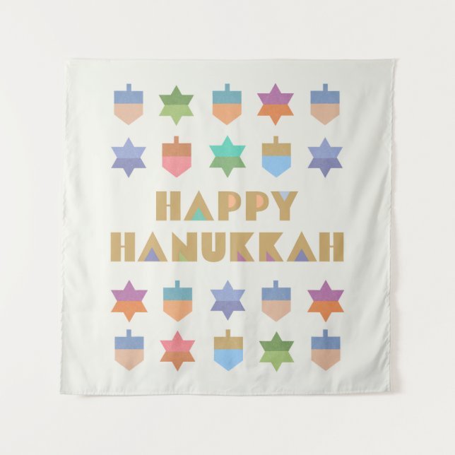 Happy Hanukkah Dreidels and Stars Tapestry (Front)