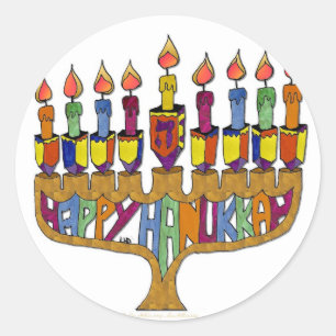 Happy Hanukkah Dreidels Menorah Classic Round Sticker